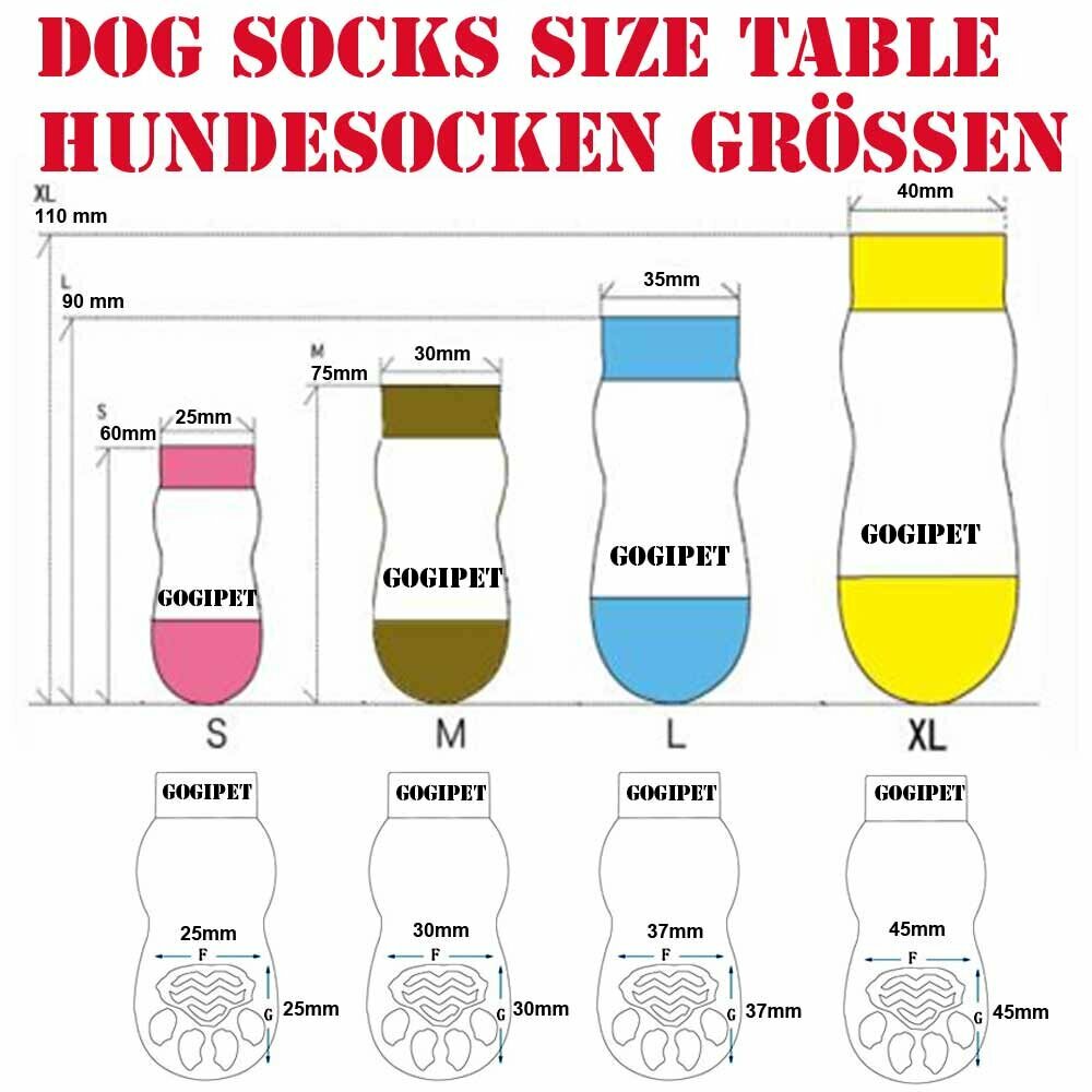 GogiPet dog socks size chart